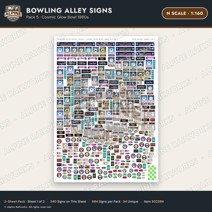 Alpine Railworks 30228N N Scale Bowling Alley Signs - Cosmic Glow Bowl