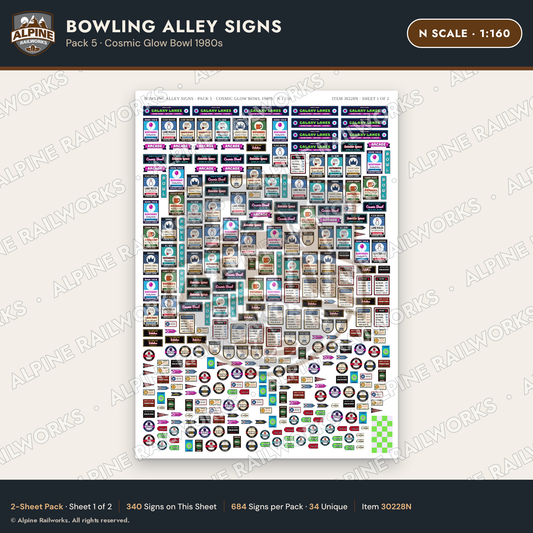 Alpine Railworks 30228N N Scale Bowling Alley Signs - Cosmic Glow Bowl