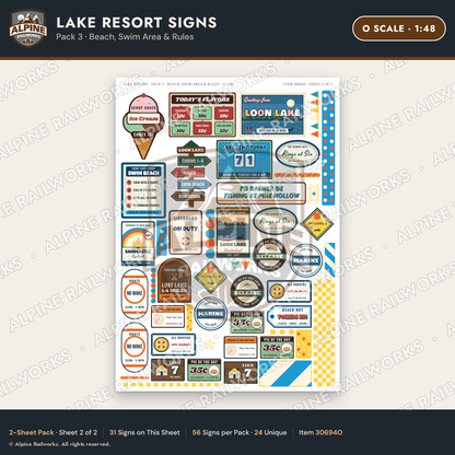 Alpine Railworks 30694O O Scale Lake Resort Signs - Beach & Swim Area