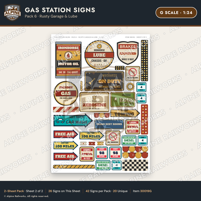 Alpine Railworks 30019G G Scale Gas Station Signs - Rusty Garage
