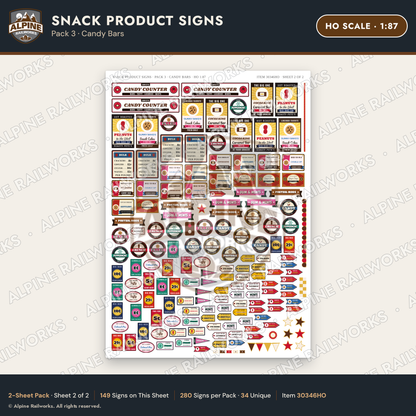 Alpine Railworks 30346HO HO Scale Snack Product Signs - Candy Bars