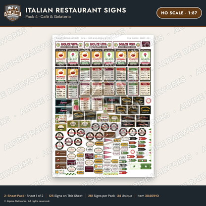 Alpine Railworks 30401HO HO Scale Italian Restaurant Signs - Cafe