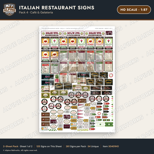 Alpine Railworks 30401HO HO Scale Italian Restaurant Signs - Cafe