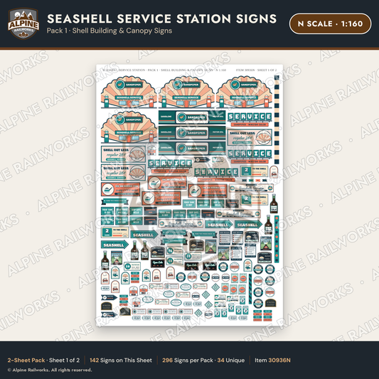 Alpine Railworks 30936N N Scale Roadside Signs - Seashell Gas Station