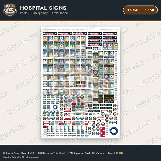 Alpine Railworks 30327N N Scale Hospital Signs - Emergency & Ambulance
