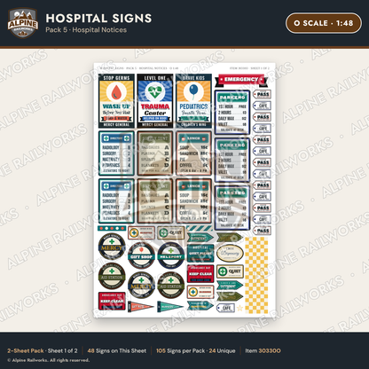 Alpine Railworks 30330O O Scale Hospital Signs - Hospital Notices