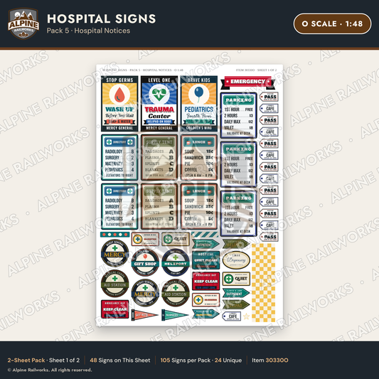 Alpine Railworks 30330O O Scale Hospital Signs - Hospital Notices