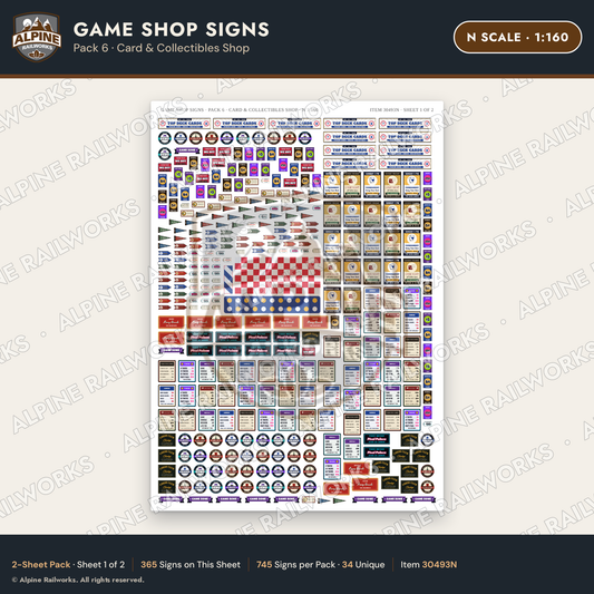 Alpine Railworks 30493N N Scale Game Shop Signs - Card