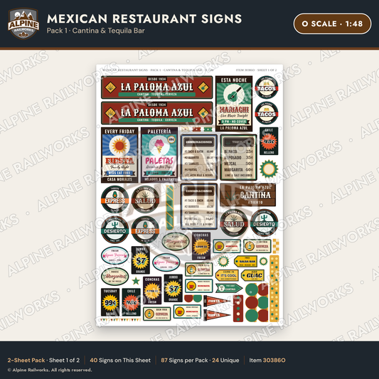 Alpine Railworks 30386O O Scale Mexican Restaurant Signs - Cantina