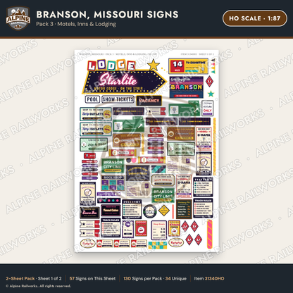 Alpine Railworks 31340HO HO Scale Branson MO Signs - Motels & Inns