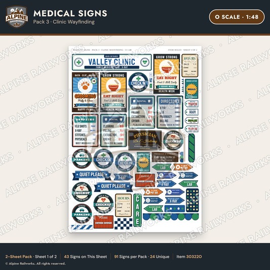 Alpine Railworks 30322O O Scale Medical Signs - Clinic Wayfinding
