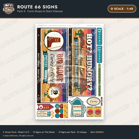 Alpine Railworks 30582O O Scale Route 66 Highway Signs - Curio Shops