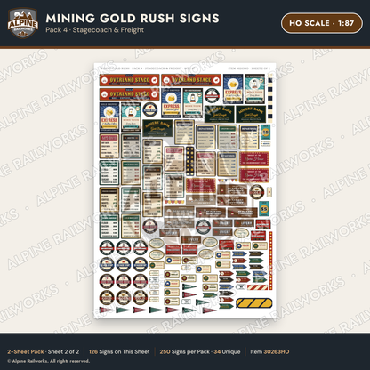Alpine Railworks 30263HO HO Scale Mining Gold Rush Signs - Stagecoach