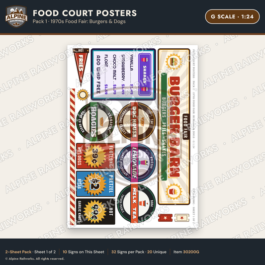 Alpine Railworks 30200G G Scale Food Court Posters - Burgers & Dogs