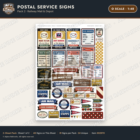 Alpine Railworks 30297O O Scale Postal Service Signs - Railway Mail