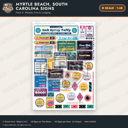 Alpine Railworks 31292O O Scale Myrtle Beach SC Signs - Motels & Inns