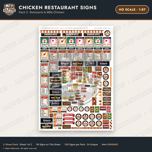Alpine Railworks 30454HO HO Scale Chicken Restaurant Signs