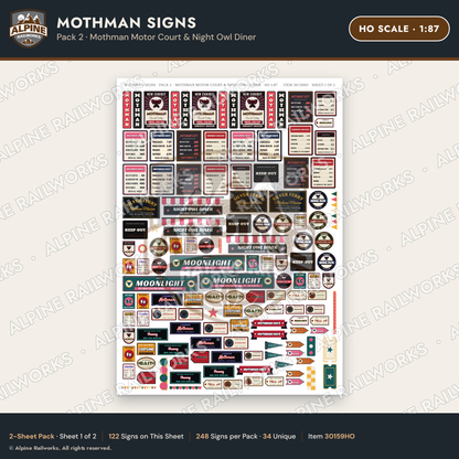 Alpine Railworks 30159HO HO Scale Mothman Signs - Mothman Motor Court