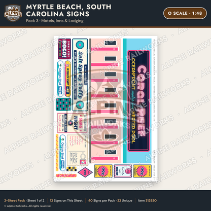Alpine Railworks 31292O O Scale Myrtle Beach SC Signs - Motels & Inns