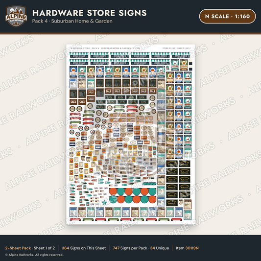 Alpine Railworks 30119N N Scale Hardware Store Signs - Suburban Home