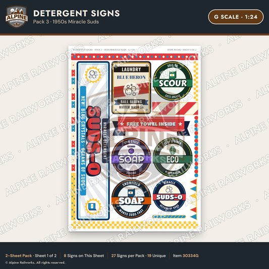 Alpine Railworks 30334G G Scale Detergent Signs - 1950s Miracle Suds