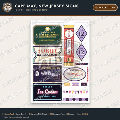 Alpine Railworks 31316G G Scale Cape May NJ Signs - Motels & Inns