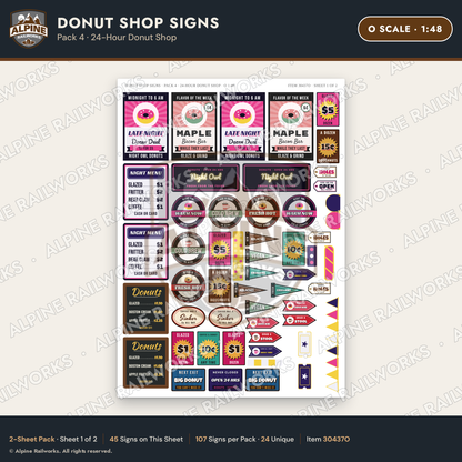 Alpine Railworks 30437O O Scale Donut Shop Signs - 24-Hour Donut Shop
