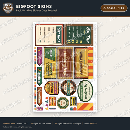 Alpine Railworks 30150G G Scale Bigfoot Signs - Bigfoot Days Festival