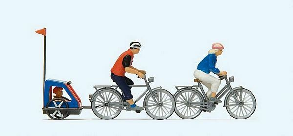 Preiser 10638 HO Scale Family on Bicycle Trip -- 2 Riders w/Bikes & Baby Trailer