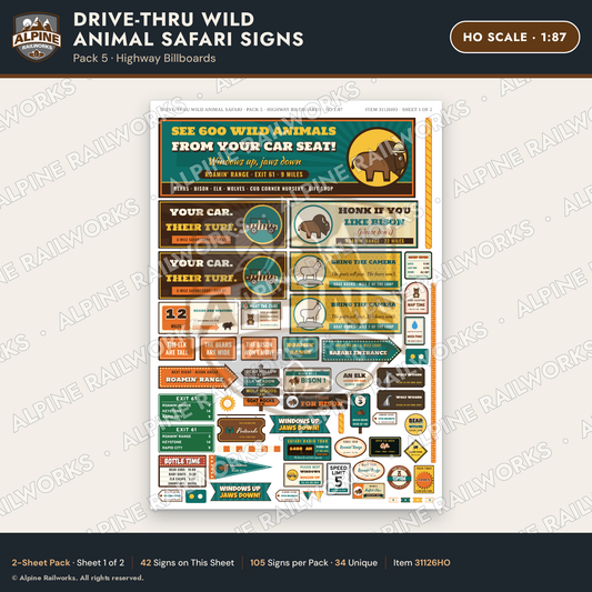 Alpine Railworks 31126HO HO Scale Roadside Signs - Drive-Thru Safari