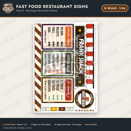 Alpine Railworks 30431G G Scale Fast Food Restaurant Signs - Hot Dog