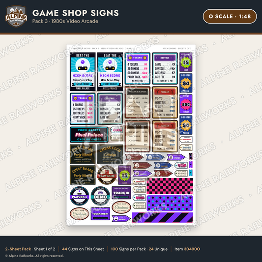 Alpine Railworks 30490O O Scale Game Shop Signs - 1980s Video Arcade