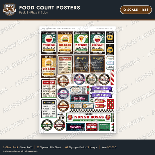 Alpine Railworks 30202O O Scale Food Court Posters - Pizza & Subs