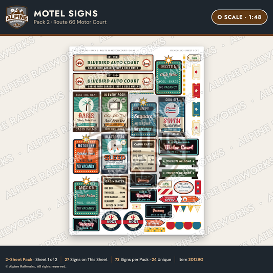 Alpine Railworks 30129O O Scale Motel Signs - Route 66 Motor Court