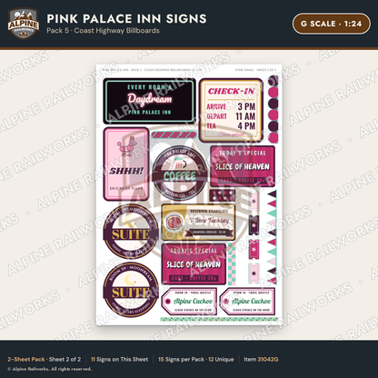 Alpine Railworks 31042G G Scale Roadside Signs - Pink Themed Motel