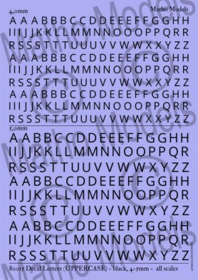 Matho Models 80015 Multi-Scale Black Upper Case 4-5mm Lettering Decals