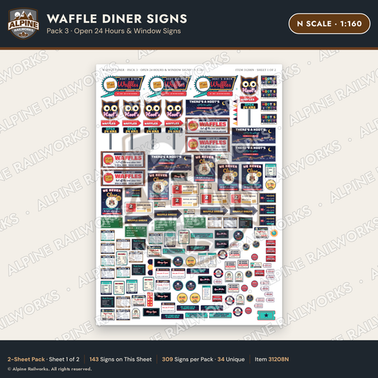 Alpine Railworks 31208N N Scale Waffle Diner Signs - Open 24 Hours