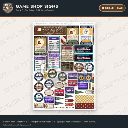 Alpine Railworks 30492O O Scale Game Shop Signs - Tabletop