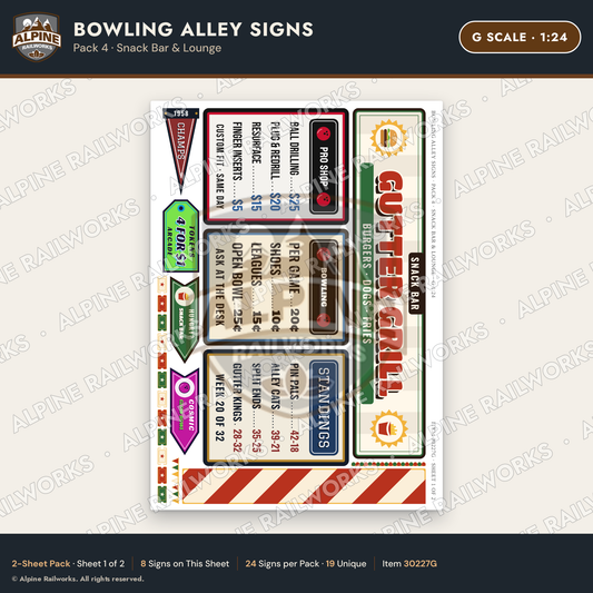 Alpine Railworks 30227G G Scale Bowling Alley Signs - Snack Bar