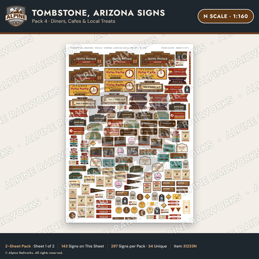 Alpine Railworks 31233N N Scale Tombstone AZ Signs - Diners & Cafes