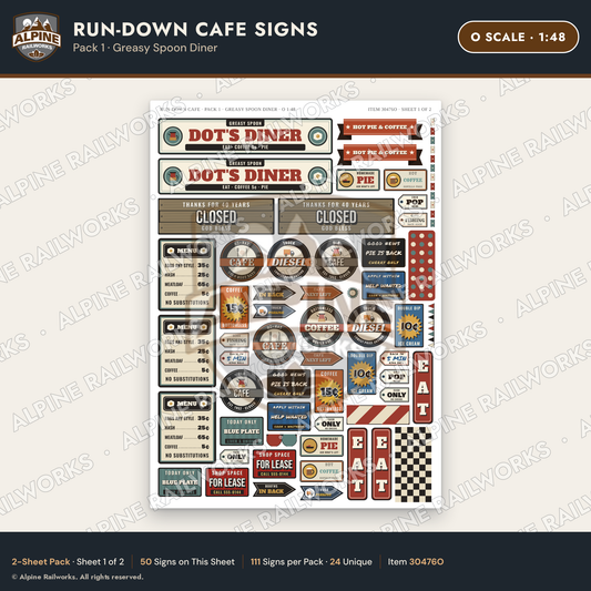 Alpine Railworks 30476O O Scale Run-Down Cafe Signs
