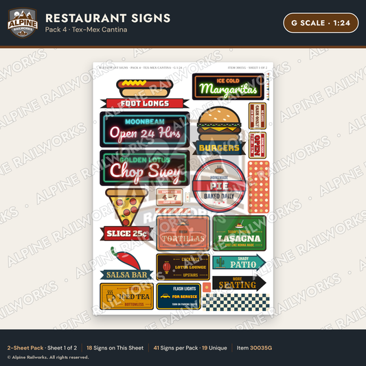Alpine Railworks 30035G G Scale Restaurant Signs - Tex-Mex Cantina
