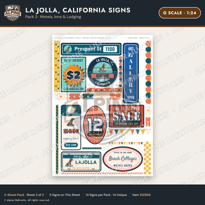 Alpine Railworks 31256G G Scale La Jolla CA Signs - Motels & Inns