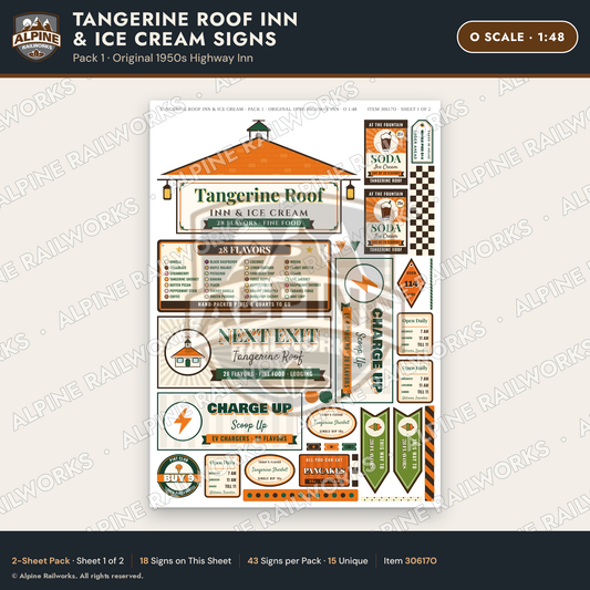 Alpine Railworks 30617O O Scale Restaurant Signs - Orange Roof Diner