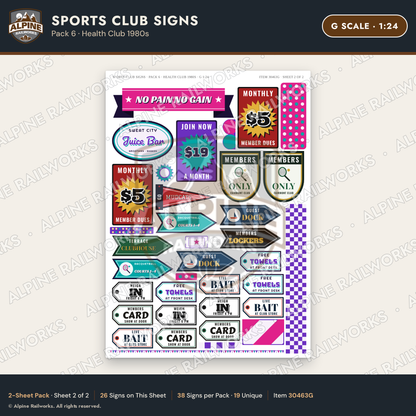 Alpine Railworks 30463G G Scale Sports Club Signs - Health Club 1980s