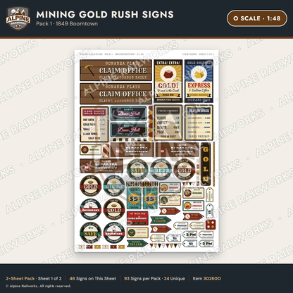 Alpine Railworks 30260O O Scale Mining Gold Rush Signs - 1849 Boomtown