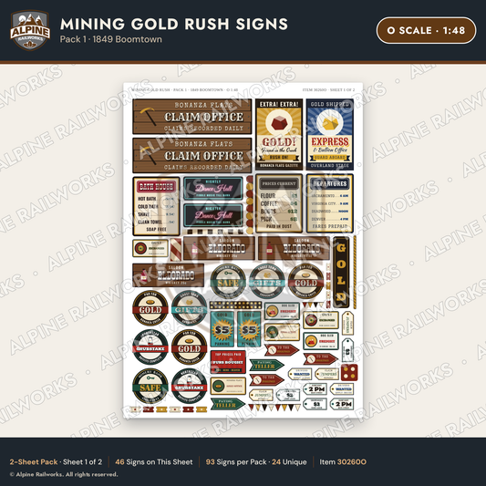 Alpine Railworks 30260O O Scale Mining Gold Rush Signs - 1849 Boomtown