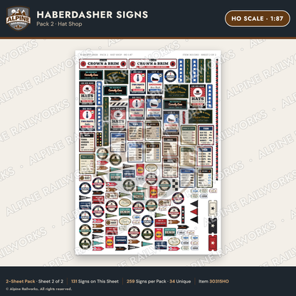 Alpine Railworks 30315HO HO Scale Haberdasher Signs - Hat Shop