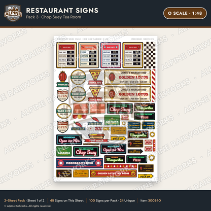 Alpine Railworks 30034O O Scale Restaurant Signs - Chop Suey Tea Room