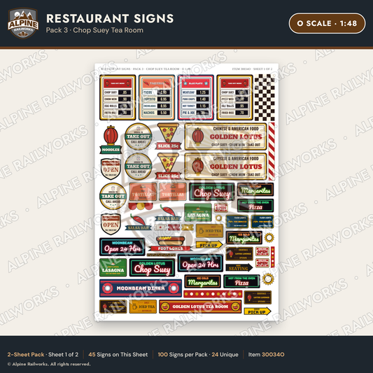 Alpine Railworks 30034O O Scale Restaurant Signs - Chop Suey Tea Room